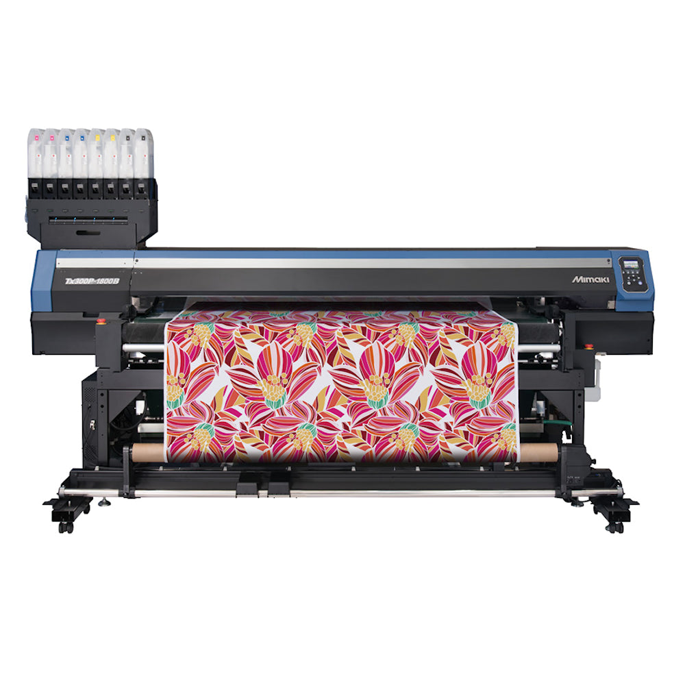 Mimaki TX300P-1800B 74-inch direct-to-textile printer with sticky belt transport system, producing high-resolution prints on knits, sheers, and stretch fabrics—featuring high head gap setting, five ink types (pigment, dye-sub, disperse, reactive, acid), dual ink configuration, MAPS4 anti-banding, and TxLink4 Lite RIP. Ideal for fashion apparel, interior textiles, scarves, and soft signage with stable feeding and vibrant color output.