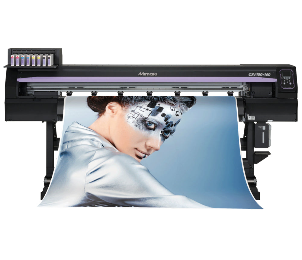 Mimaki CJV150-160 64-inch eco-solvent printer/cutter producing vibrant prints on vinyl, PET film, and banner materials—featuring integrated print-and-cut functionality, SS21 inks including silver, orange, and light black, MAPS3 anti-banding, and a 3-way intelligent heater. Ideal for decals, vehicle wraps, window graphics, and outdoor signage with high image quality, precision cutting, and efficient production workflow