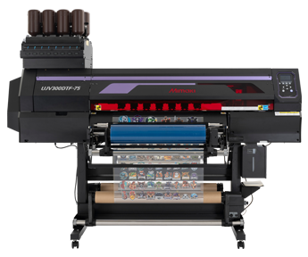 Mimaki UJV300DTF-75 25.2-inch UV-DTF roll-to-roll printer with dual piezo printheads, producing vibrant, high-resolution transfers on specialized film—featuring inline lamination, white and clear UV inks, no-weeding workflow, and support for curved or irregular surfaces. Ideal for customizing mugs, helmets, electronics, and promotional items with durable, full-color graphics and efficient film handling