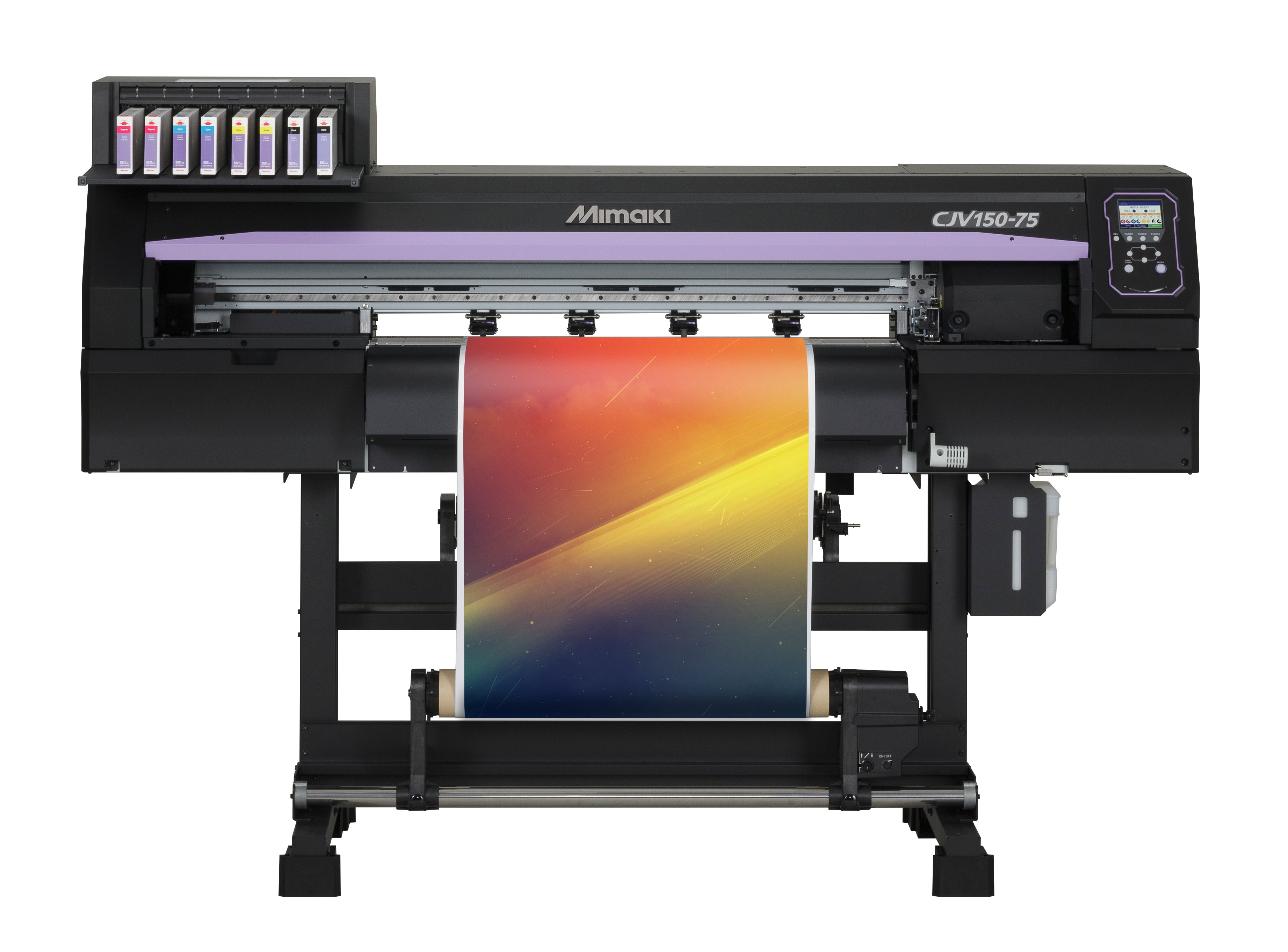 Mimaki CJV150-75 31.5-inch eco-solvent printer/cutter producing vibrant prints on vinyl, PET film, and paper—featuring integrated print-and-cut functionality, silver and light black ink support, MAPS3 anti-banding, and a 3-way intelligent heater. Ideal for decals, labels, T-shirt transfers, and small-format signage with high image quality and compact footprint.