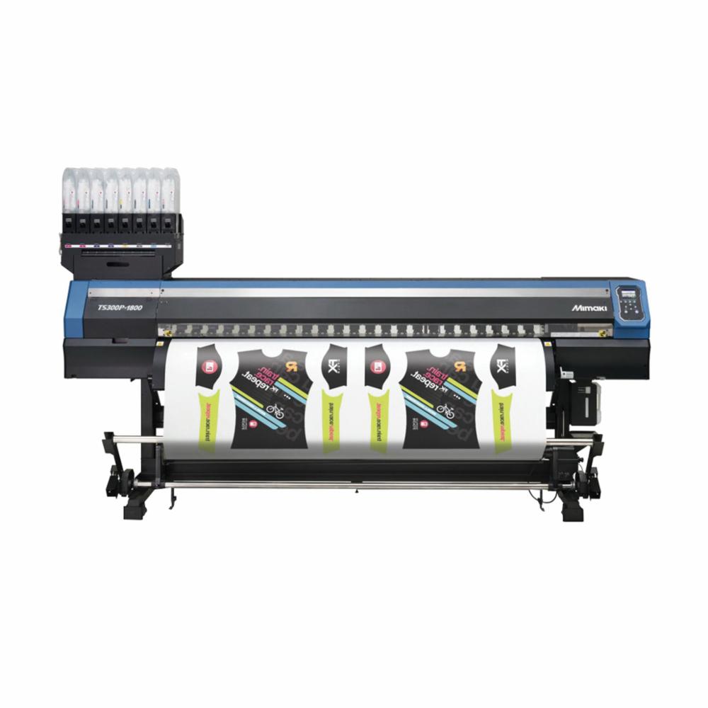 Mimaki TS300P-1800 77-inch dye-sublimation printer producing vibrant, high-resolution prints on transfer paper for polyester textiles—featuring high-gap printhead for thin media, Sb411/Sb410 inks including fluorescent pink and yellow, MAPS4 anti-banding, and print speeds up to 1,238 sq ft/hr. Ideal for sportswear, fashion apparel, soft signage, and interior fabrics with cost-effective production and consistent quality