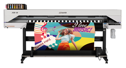 Mimaki JV200 Series eco-solvent printers—including JV200-130 and JV200-160—shown producing vibrant prints on vinyl, banner, and PET film with SS22 inks. Featuring the 330 Engine printhead, Nozzle Recovery System, and Mimaki Core Technologies for high-resolution output up to 17 m²/h. Ideal for posters, vehicle wraps, window graphics, and outdoor signage with excellent weather resistance and ease of use