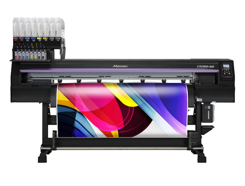 Mimaki CJV300-130 Plus 54-inch eco-solvent printer/cutter producing vibrant prints on vinyl, PET film, and banner materials—featuring dual staggered printheads, up to 991 sq ft/hr output, ID Cut automation, MAPS4 anti-banding, and support for SS21 inks including silver, orange, and light black. Ideal for decals, labels, window graphics, and retail signage with high-resolution output and efficient workflow