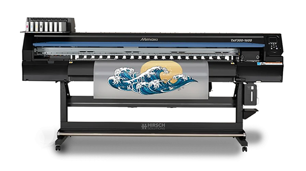 Mimaki TxF300-1600 63.4-inch direct-to-film printer with dual piezo printheads, producing vibrant, high-resolution transfers on DTF film—featuring PHT50 pigment inks (CMYK+White), white ink circulation (MCTv2), degassed ink packs, MAPS4 anti-banding, and Nozzle Recovery System. Ideal for T-shirts, sportswear, fashion accessories, and interior fabrics with OEKO-TEX® ECO PASSPORT-certified inks and consistent production at up to 130% the speed of previous models