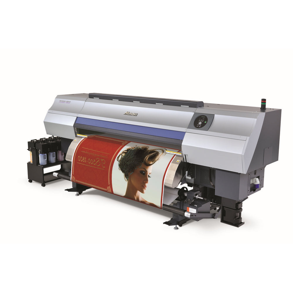 Mimaki TS500-1800 74-inch dye-sublimation printer with six staggered printheads, producing vibrant, high-resolution prints on transfer paper for polyester textiles—featuring print speeds up to 1,615 sq ft/hr, Sb300/Sb310 inks, Mimaki Degassing Module (MDM-20), and Uninterrupted Ink Supply System. Ideal for sportswear, flags, soft signage, and interior fabrics with fast drying, brilliant color, and industrial-grade throughput.