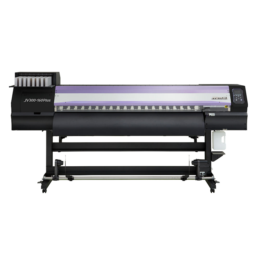 Mimaki JV300-130 54-inch eco-solvent roll-to-roll printer producing vibrant prints on vinyl, PET film, and banner materials—featuring dual staggered printheads, up to 991 sq ft/hr output, Mimaki Advanced Pass System (MAPS), and support for SS21, ES3, and Sb54 inks. Ideal for posters, vehicle wraps, window graphics, and outdoor signage with high-resolution output and color accuracy.