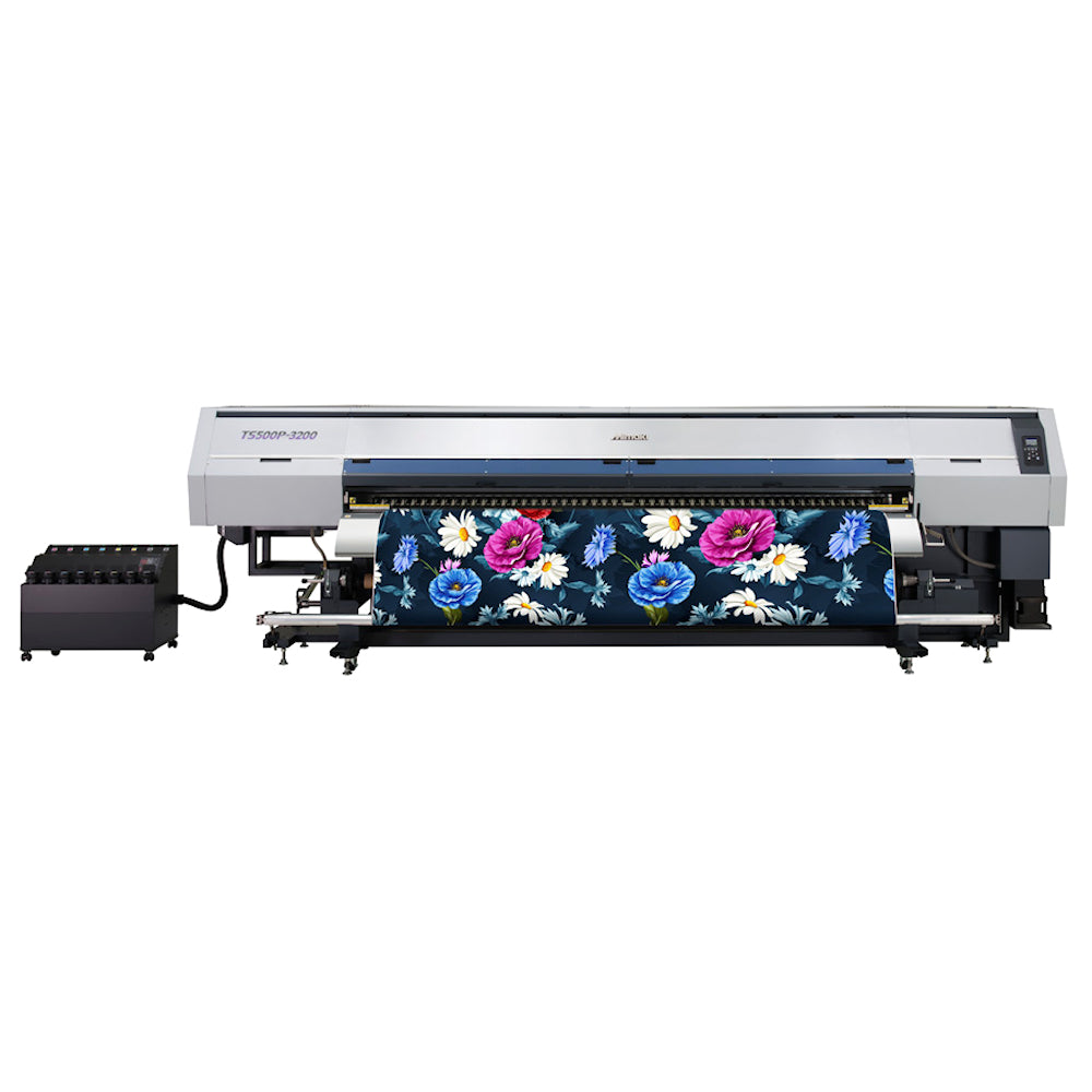 Mimaki TS500P-3200 129.5-inch dye-sublimation printer with 12 staggered printheads, producing high-resolution prints on transfer paper for polyester textiles—featuring print speeds up to 1,937 sq ft/hr, Sb310 inks in 4 or 6 color configurations, MAPS4 anti-banding, and Nozzle Recovery System. Ideal for soft signage, home furnishings, and hospitality fabrics with stable media feeding and high gap printhead for thin paper compatibility.