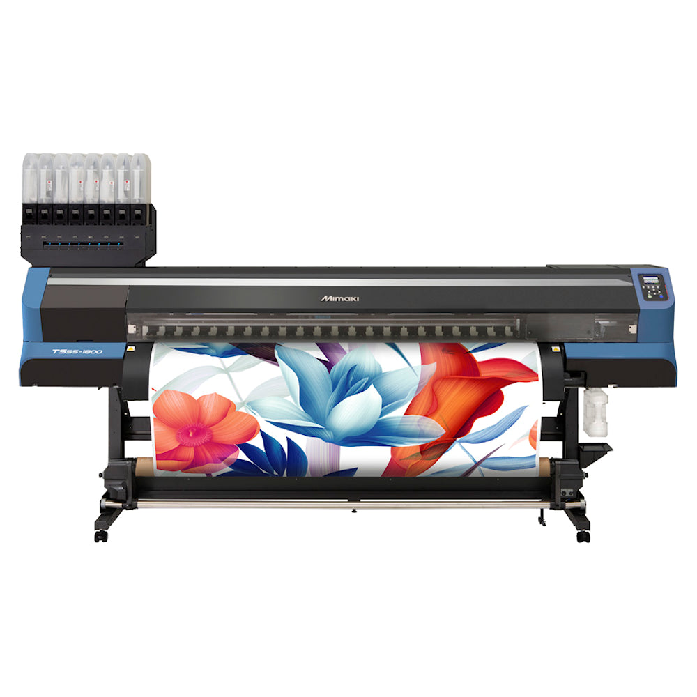 Mimaki TS55-1800 76-inch dye-sublimation printer with four inline piezo printheads, producing vibrant, high-resolution prints on transfer paper for polyester textiles—featuring print speeds up to 1,453 sq ft/hr, 22 lb bulk ink system, mini jumbo roll support, MAPS4 anti-banding, and Sb610 inks including fluorescent pink and yellow. Ideal for sportswear, fashion fabrics, soft signage, and interior décor with scalable productivity and low running costs.