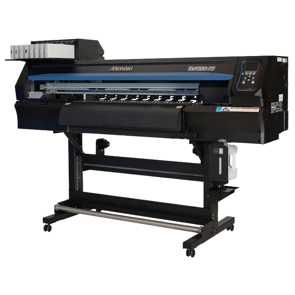 Mimaki TxF300-75 31.5-inch direct-to-film printer with dual piezo printheads, producing vibrant, high-resolution transfers on DTF film—featuring PHT50 pigment inks (CMYK+White), white ink circulation (MCTv2), degassed ink packs, MAPS4 anti-banding, and Nozzle Recovery System. Ideal for T-shirts, hoodies, canvas bags, and custom merch with OEKO-TEX® ECO PASSPORT-certified inks and consistent image quality.