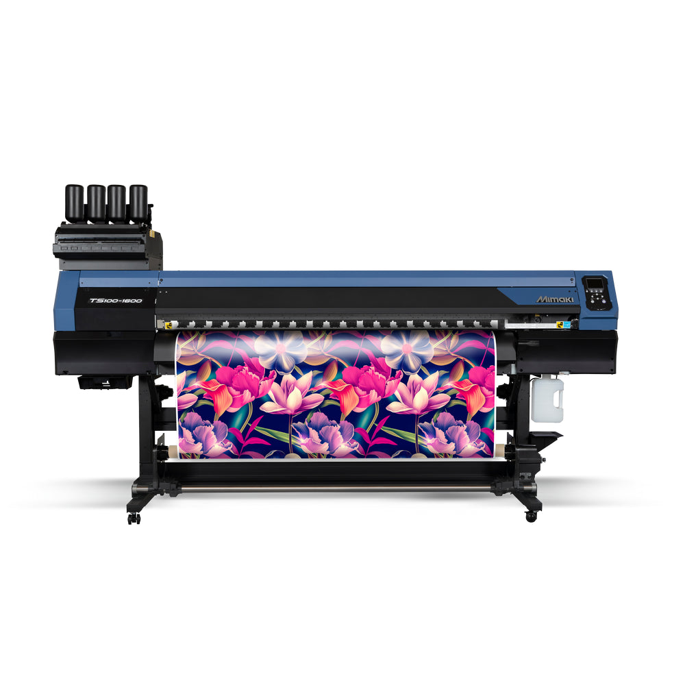 Mimaki TS100-1600 64-inch dye-sublimation roll-to-roll printer with dual
staggered printheads, producing vibrant, high-resolution prints on transfer
paper for polyester-based textiles—featuring print speeds up to 753 sq ft/hr,
Sb610 inks, Nozzle Recovery System, MAPS4 anti-banding, and Dot Adjustment
System (DAS). Ideal for sportswear, curtains, flags, and promotional fabric
graphics with consistent quality and cost-effective production