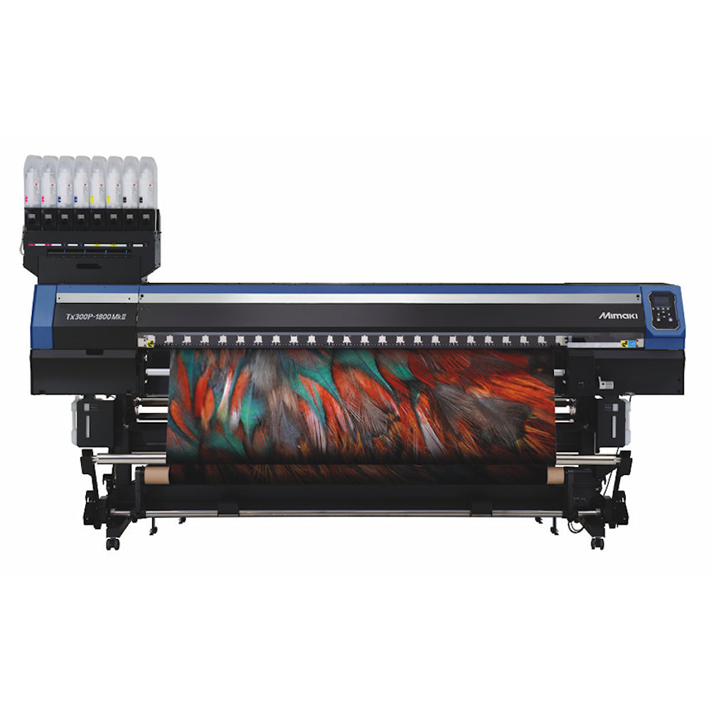 Mimaki TS300P-1800 MkII 77-inch dye-sublimation printer with hybrid capability for direct-to-textile and transfer paper printing—featuring high-gap printhead for thin media, dual ink support (Sb411/Sb420), MAPS4 anti-banding, and print speeds up to 1,238 sq ft/hr. Ideal for sportswear, fashion apparel, soft signage, and interior fabrics with flexible ink configurations and consistent high-resolution output.