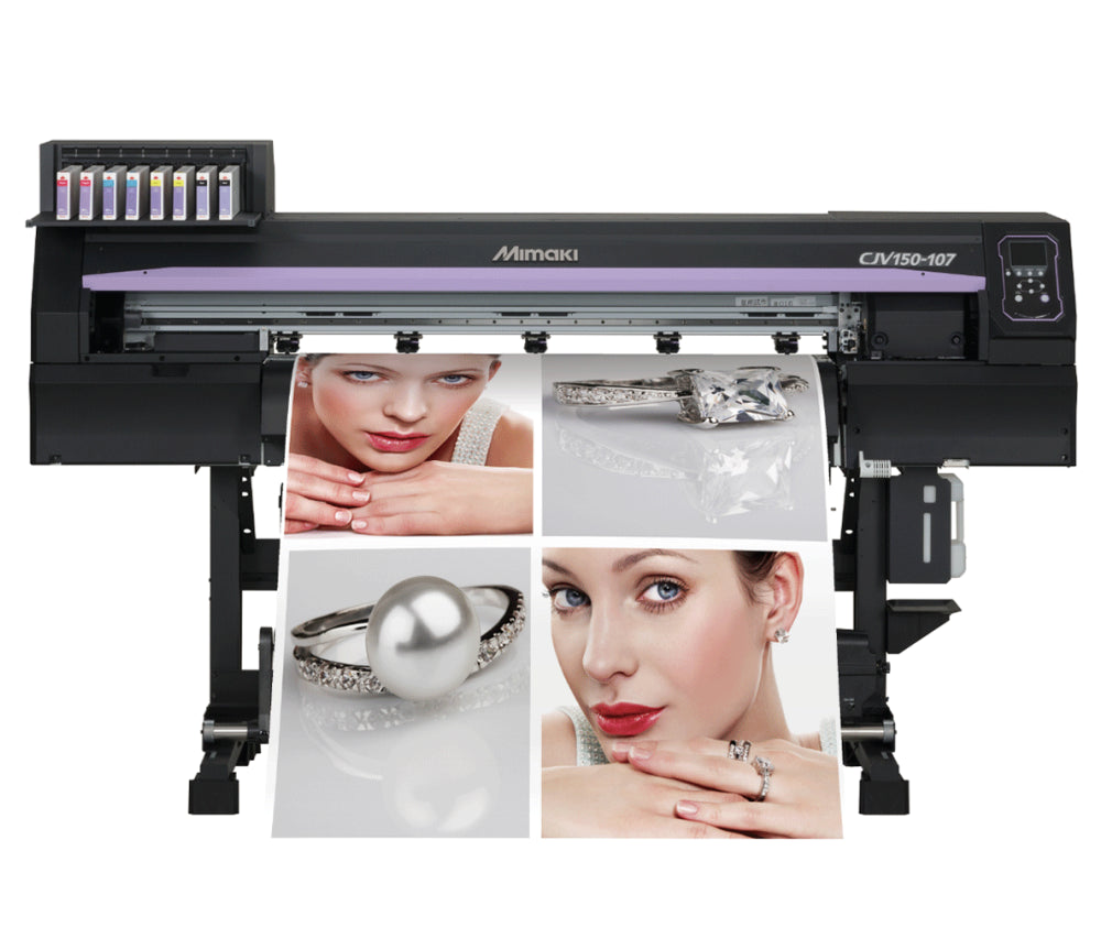 Mimaki CJV150-107 42.9-inch eco-solvent printer/cutter producing vibrant prints on vinyl, PET film, and paper—featuring integrated print-and-cut functionality, SS21 inks including silver, orange, and light black, MAPS3 anti-banding, and a 3-way intelligent heater. Ideal for posters, point-of-purchase displays, decals, and labels with high image quality and compact footprint.