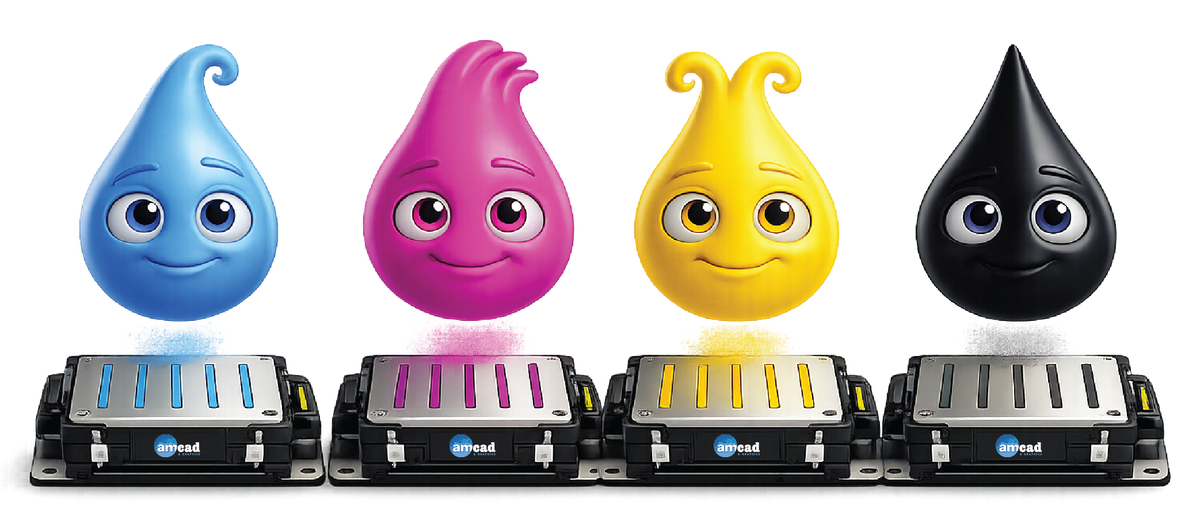 CMYK characters representing the Amcad Graphics Texas team