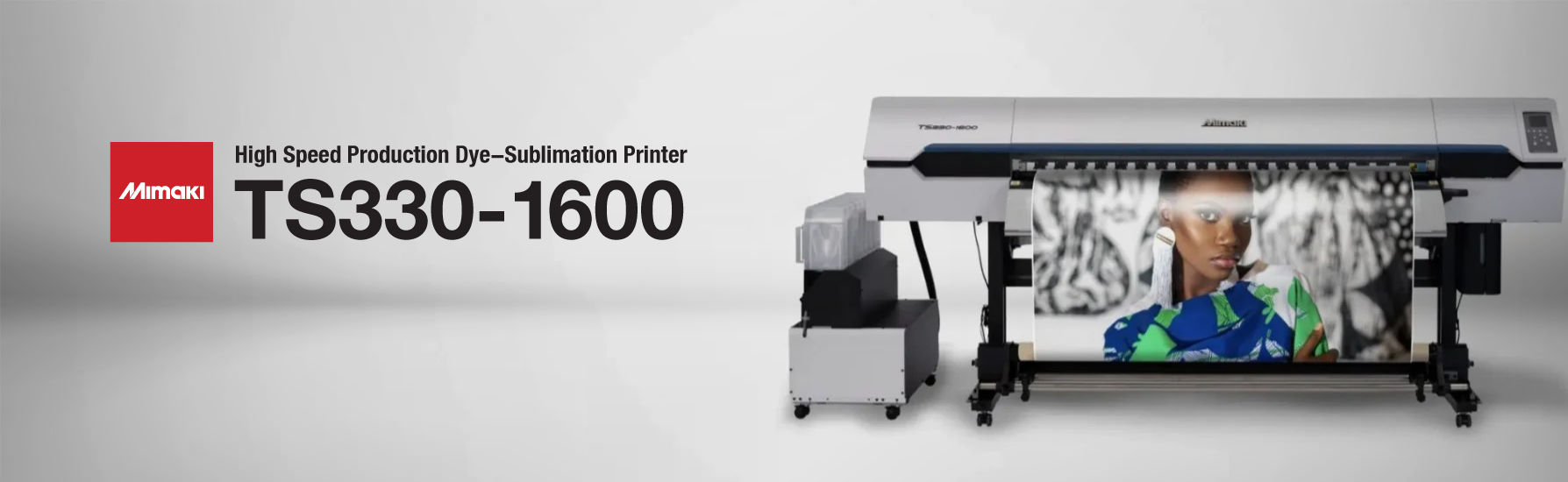 Mimaki TS330-1600 64-inch dye-sublimation printer producing vibrant textile transfers with up to 1,453 sq ft/hr output—featuring fluorescent ink support, Mimaki Weaving Dot Technology (MWDT), MAPS4 anti-banding, and optional 10kg ink tanks and jumbo roll unit for efficient, high-volume printing on apparel, soft signage, and home décor fabrics.