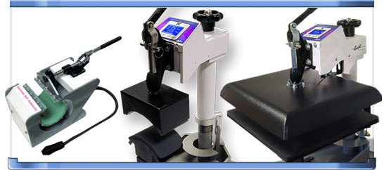 Geo Knight multipurpose heat press with swing-away design and interchangeable platens, shown in a production setting applying heat transfers to garments, mugs, tiles, and other substrates with digital controls and solid steel construction.