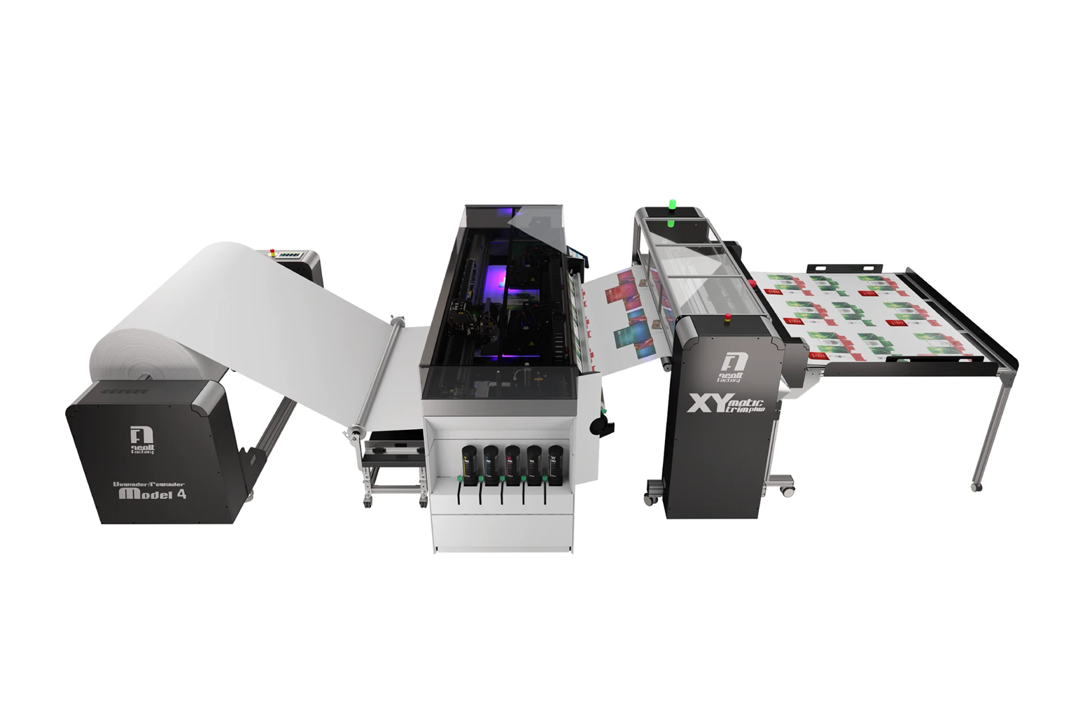 Colorado M-Series XY cutter converting printed roll media into accurately trimmed sheets, designed for high-speed, dual-axis cutting in commercial print and signage workflows