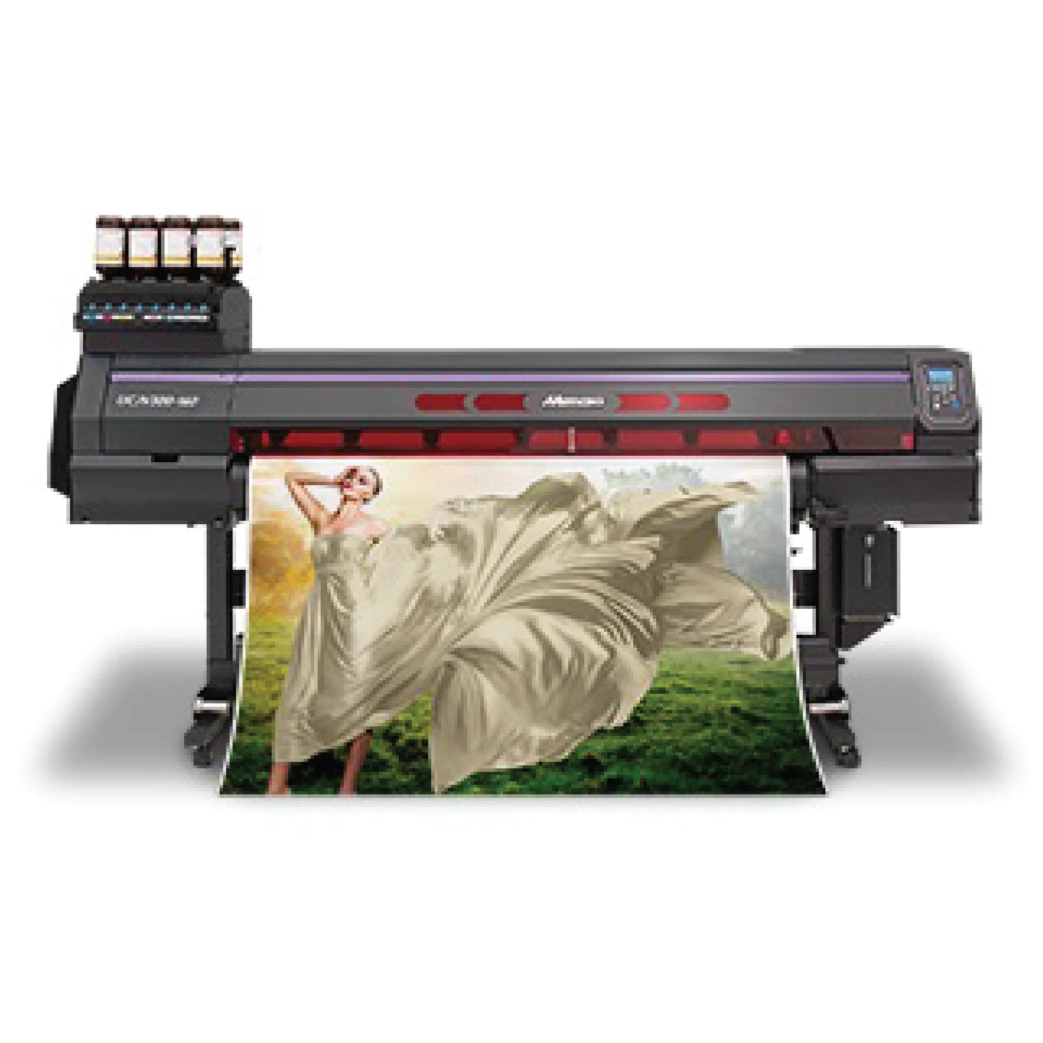 Mimaki UCJV300-75 31.5-inch UV-LED printer/cutter producing instantly cured prints on vinyl, PET film, and paper—featuring integrated print-and-cut functionality, 4-layer/5-layer printing, ID Cut automation, and eco-friendly LUS-170/LUS-175 inks. Ideal for decals, labels, window graphics, and point-of-sale signage with fast turnaround and compact footprint.