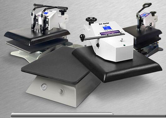 Geo Knight swing-away heat press in a production setting, featuring a solid steel frame, digital controls, and a swing-away platen for safe, even pressure on garments, tiles, mugs, and thick substrates up to 2 inches.