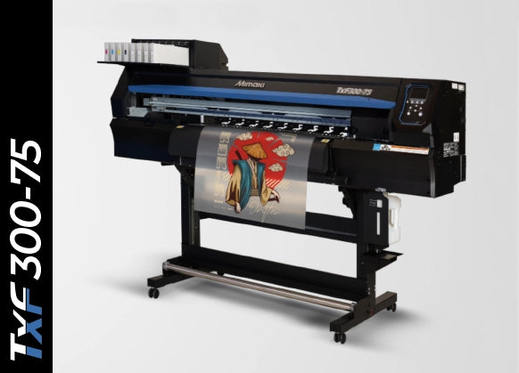 Mimaki TxF300 Series DTF printers, including TxF300-75 and TxF300-1600, shown producing vibrant textile transfers on film—featuring dual printheads, white ink circulation (MCTv2), degassed ink packs, and ECO PASSPORT-certified PHT50 pigment inks for high-speed, skin-safe printing on T-shirts, sportswear, and fashion accessories.