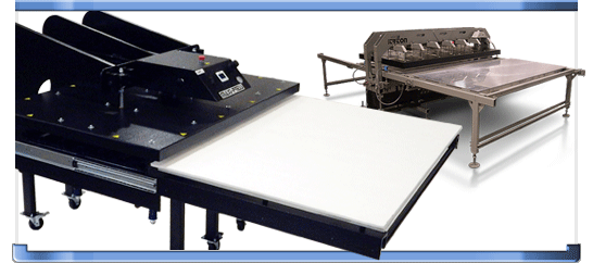 Geo Knight large format heat press in a production environment, featuring a reinforced steel frame, SuperCoil-Microwinding™ heater technology, and pneumatic operation for high-pressure, full-surface transfers on textiles, rigid substrates, and oversized materials.