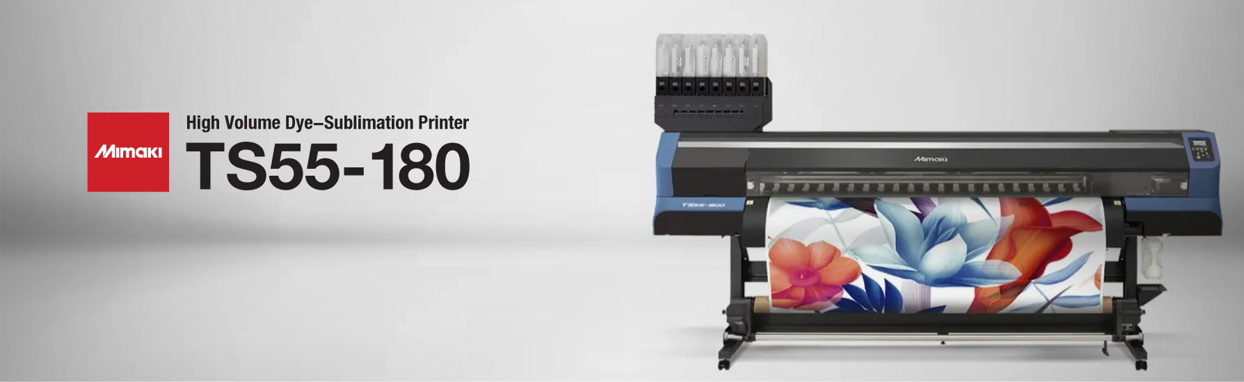 Mimaki TS55-1800 76-inch dye-sublimation printer producing vibrant textile transfers with dual staggered printheads, MAPS4 anti-banding technology, and optional jumbo roll and 10kg ink supply—ideal for high-volume production of sportswear, fashion fabrics, soft signage, and interior décor using ECO PASSPORT-certified Sb610 inks