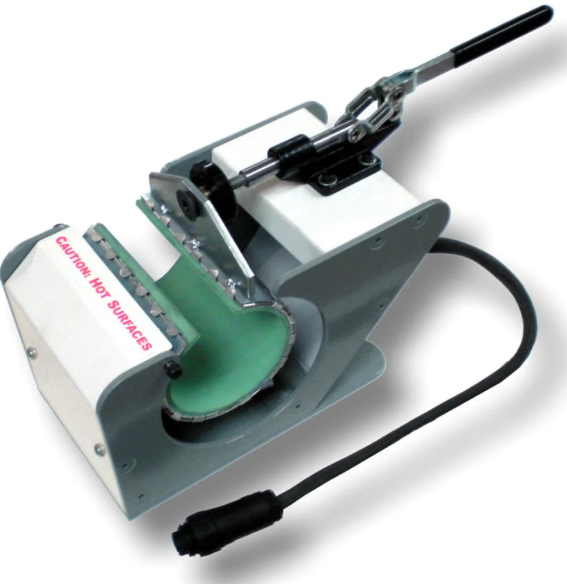 Geo Knight mug heat press in a production setting, featuring full wrap-around heating for handle-to-handle sublimation on ceramic mugs, with digital temperature and pressure controls for consistent, high-quality results.