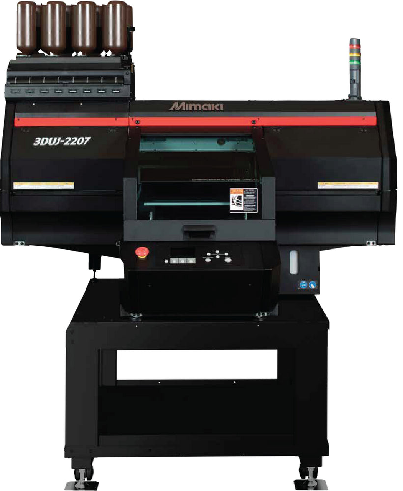 Mimaki 3DUJ-2207 compact UV inkjet 3D printer producing photorealistic models with over 10 million colors—featuring 203 x 203 x 76 mm build area, 28μm layer thickness, water-soluble support material, and clear ink for translucent effects. Ideal for figurines, architectural models, and product prototypes with high-definition color accuracy and office-friendly design