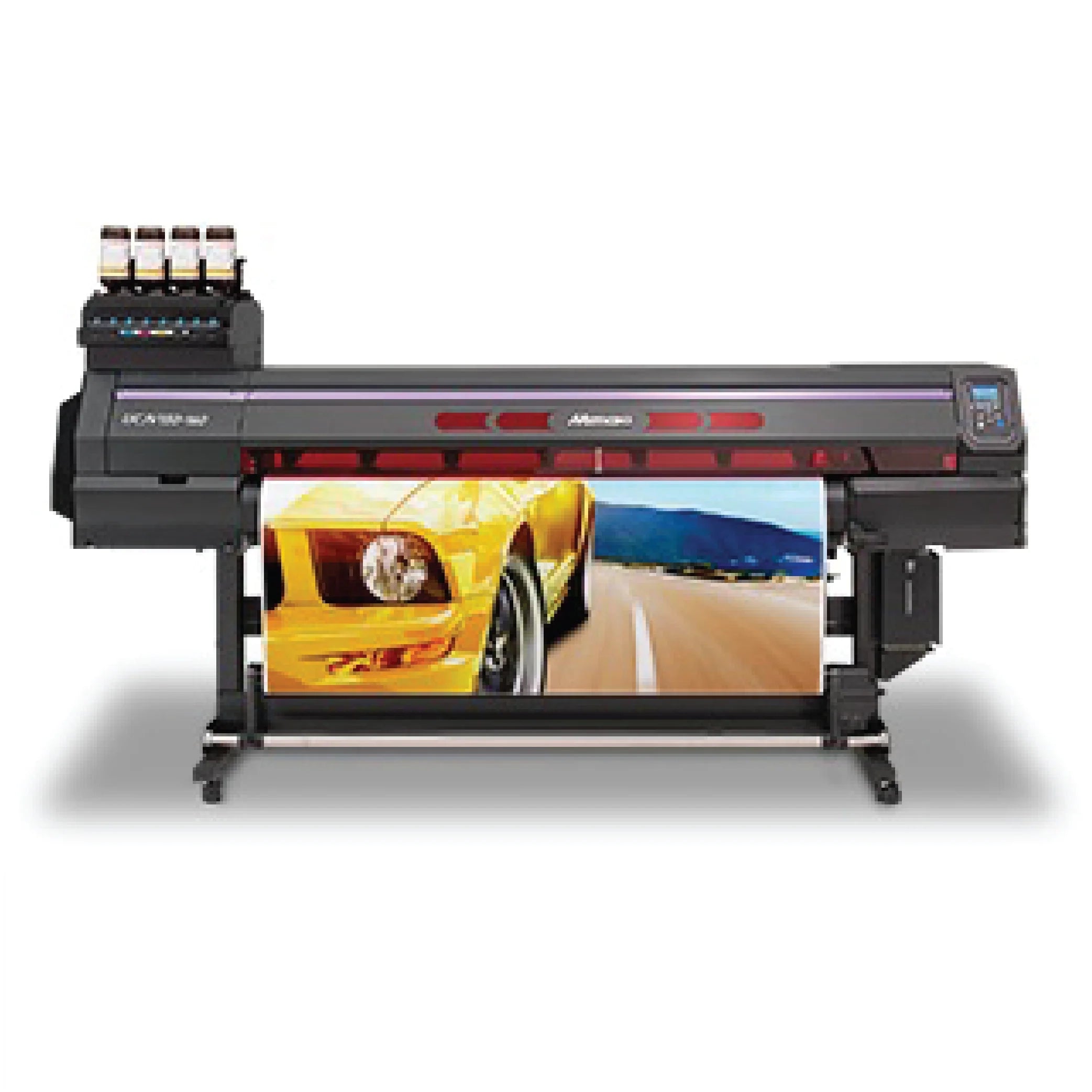 Mimaki UCJV150-160 64-inch UV-LED printer/cutter producing instantly cured prints on vinyl, PET film, paper, and fabric—featuring integrated print-and-cut functionality, ID Cut automation, and eco-friendly LUS-170/LUS-175 inks. Ideal for posters, banners, window graphics, labels, and retail signage with fast turnaround and low power consumption