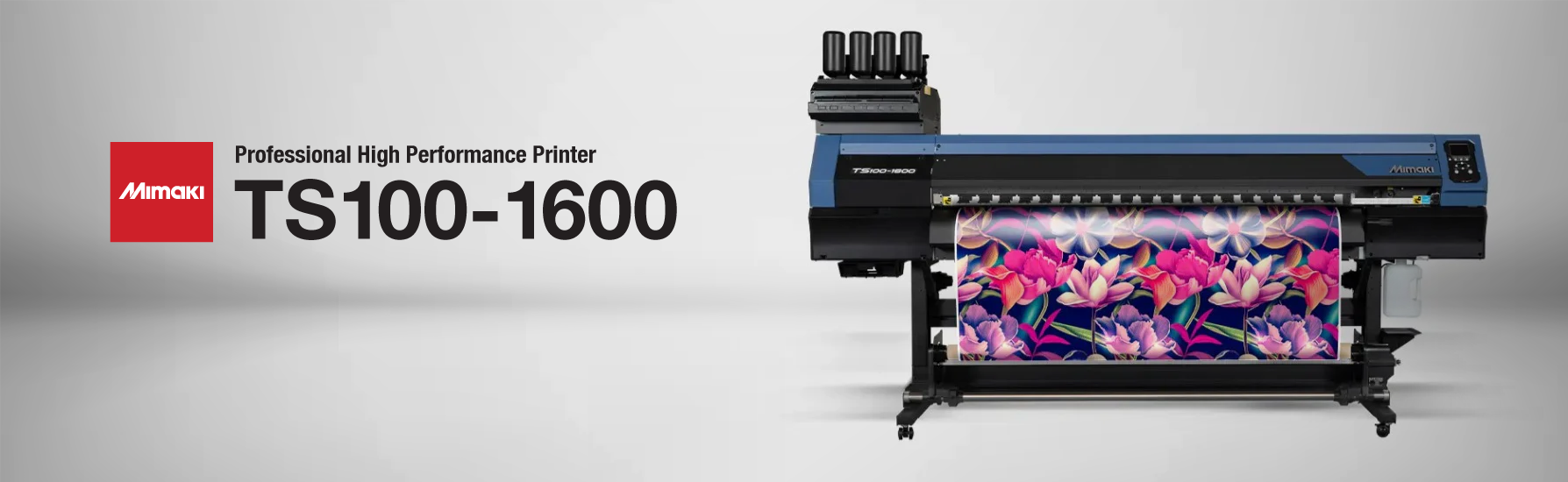 Mimaki TS100-1600 64-inch dye-sublimation printer producing vibrant textile graphics with dual staggered printheads, Nozzle Check Unit (NCU), Nozzle Recovery System (NRS), and Dot Adjustment System (DAS)—ideal for apparel, soft signage, interior décor, and promotional items using Sb610 inks and RasterLink7 RIP software.