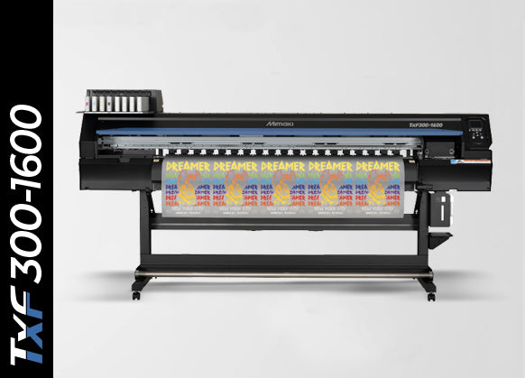 Mimaki TxF300 Series DTF printers, including TxF300-75 and TxF300-1600, shown producing vibrant textile transfers on film—featuring dual printheads, white ink circulation (MCTv2), degassed ink packs, and ECO PASSPORT-certified PHT50 pigment inks for high-speed, skin-safe printing on T-shirts, sportswear, and fashion accessories.