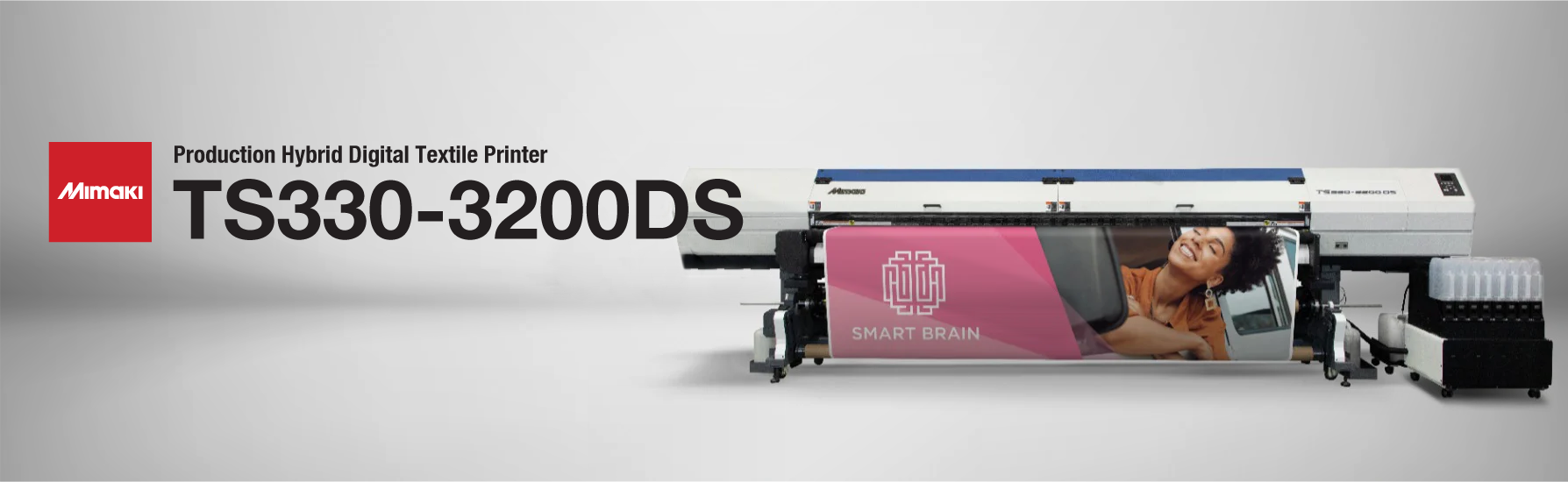 Mimaki TS330-3200DS superwide textile printer producing vibrant prints on polyester fabric and sublimation paper—featuring dual printheads, hybrid direct and transfer printing, 10L bulk ink system, and up to 968 sqft/hr output—ideal for soft signage, backlit displays, flags, theatrical backdrops, and interior décor