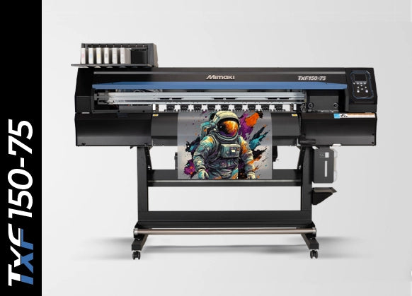 Mimaki TxF150-75 DTF printer producing vibrant textile transfer prints on film, featuring 800mm print width, white ink circulation (MCTv2), degassed ink packs, and ECO PASSPORT-certified PHT50 pigment inks—ideal for T-shirts, sportswear, and fashion accessories with consistent, skin-safe results.