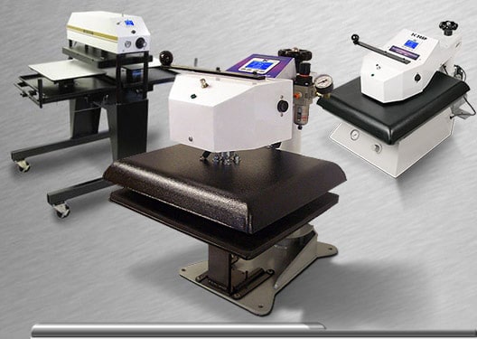 Geo Knight automatic heat press in a production environment, featuring air-operated swing-away design, digital temperature and timer controls, and solid steel construction for consistent, high-pressure transfers on garments, tiles, and thick substrates.