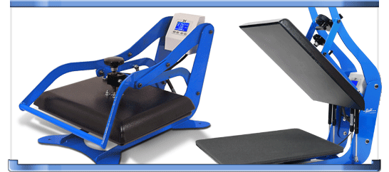 Geo Knight clamshell heat press in a production setting, featuring a solid steel frame, SuperCoil-Microwinding™ heater technology, and optional auto-release function for consistent, high-pressure transfers on garments, tiles, and other substrates.