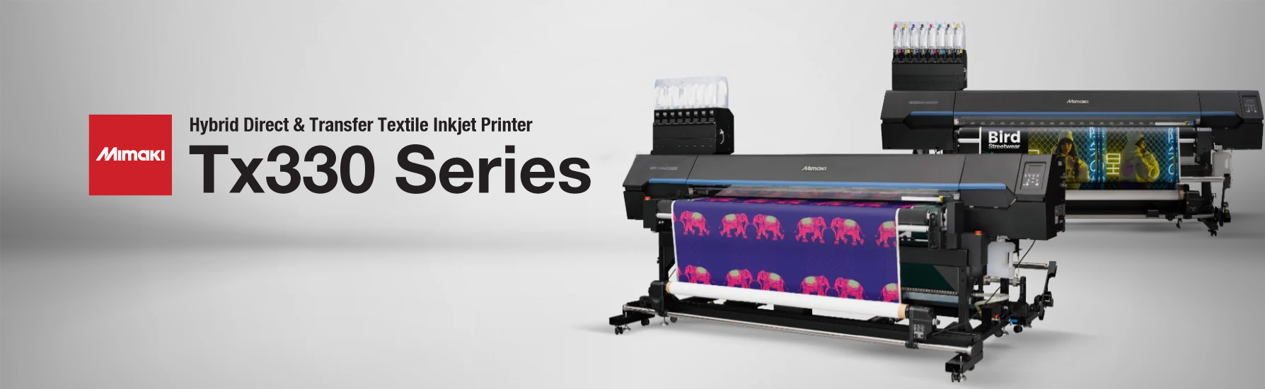 Mimaki TS330 Series dye-sublimation printers—including TS330-1600 and TS330-3200DS—shown producing vibrant textile transfers and direct-to-fabric prints with up to 1,453 sq ft/hr output, fluorescent ink support, Mimaki Weaving Dot Technology (MWDT), MAPS4 anti-banding, and optional jumbo roll and 10kg ink systems—ideal for apparel, soft signage, and home décor applications.